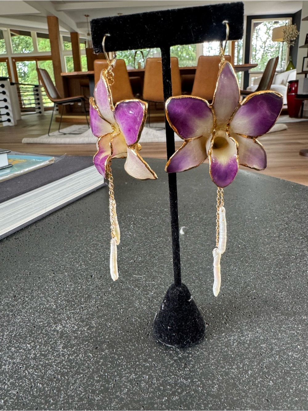 Genuine Orchid Earrings 24K Gold Trim + Pearl Drops